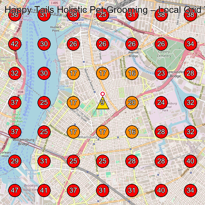 Happy Tails Holistic Pet Grooming GeoGrid visibility map for Pet Groomer in Brooklyn